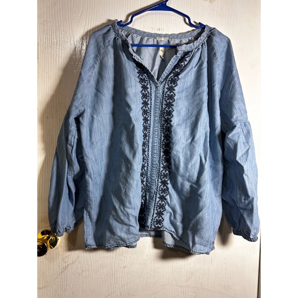 Jag Jeans Womens Blue Chambray Embroidered Boho Blouse Long Sleeve Medium